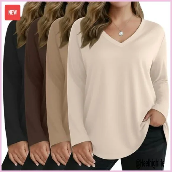 Plus Size Long Sleeve V-Neck Tunic Tops 4 Pack Loose Fit Fall Clothes - Picture 2 of 7